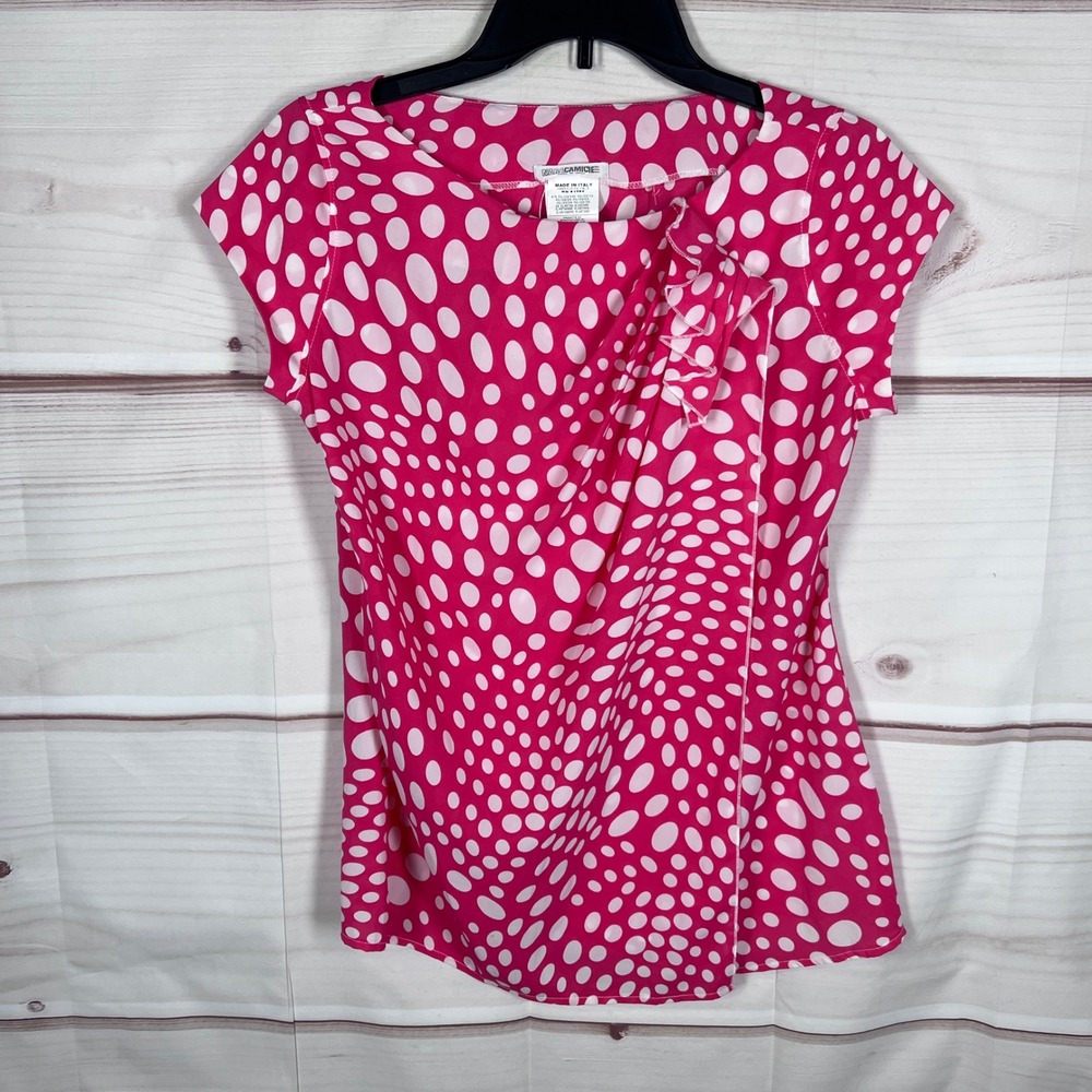 Nara Camicie Top Women I Small Pink Polka Dot Ruffle Cap Sleeve Italian Blouse
